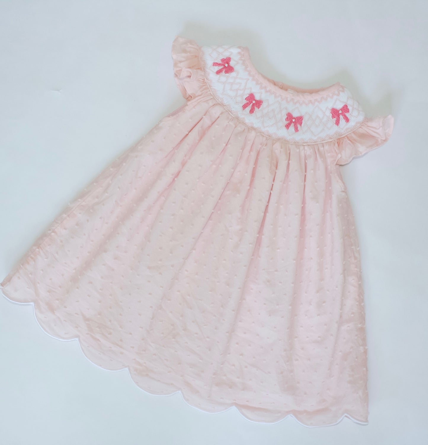 Hand Smocked Pink Swiss Dot Pearl Bow Dress