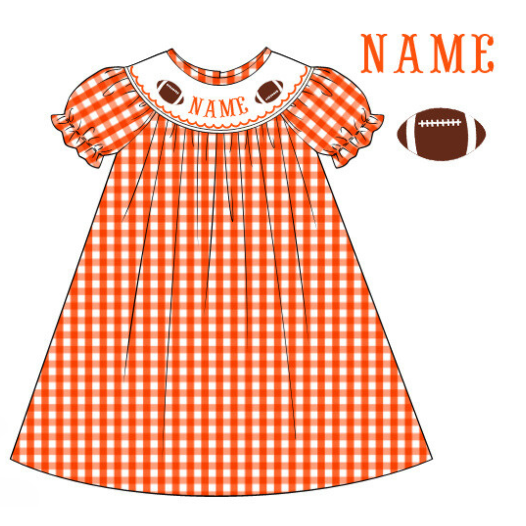 Pre-Order Orange & White Custom Hand Smocked Game Day Dress (Football & Baseball)