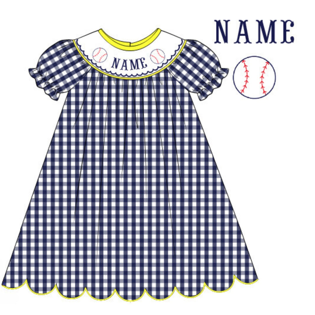 Pre-Order Navy Blue & Yellow Custom Hand Smocked Game Day Dress (Football & Baseball)