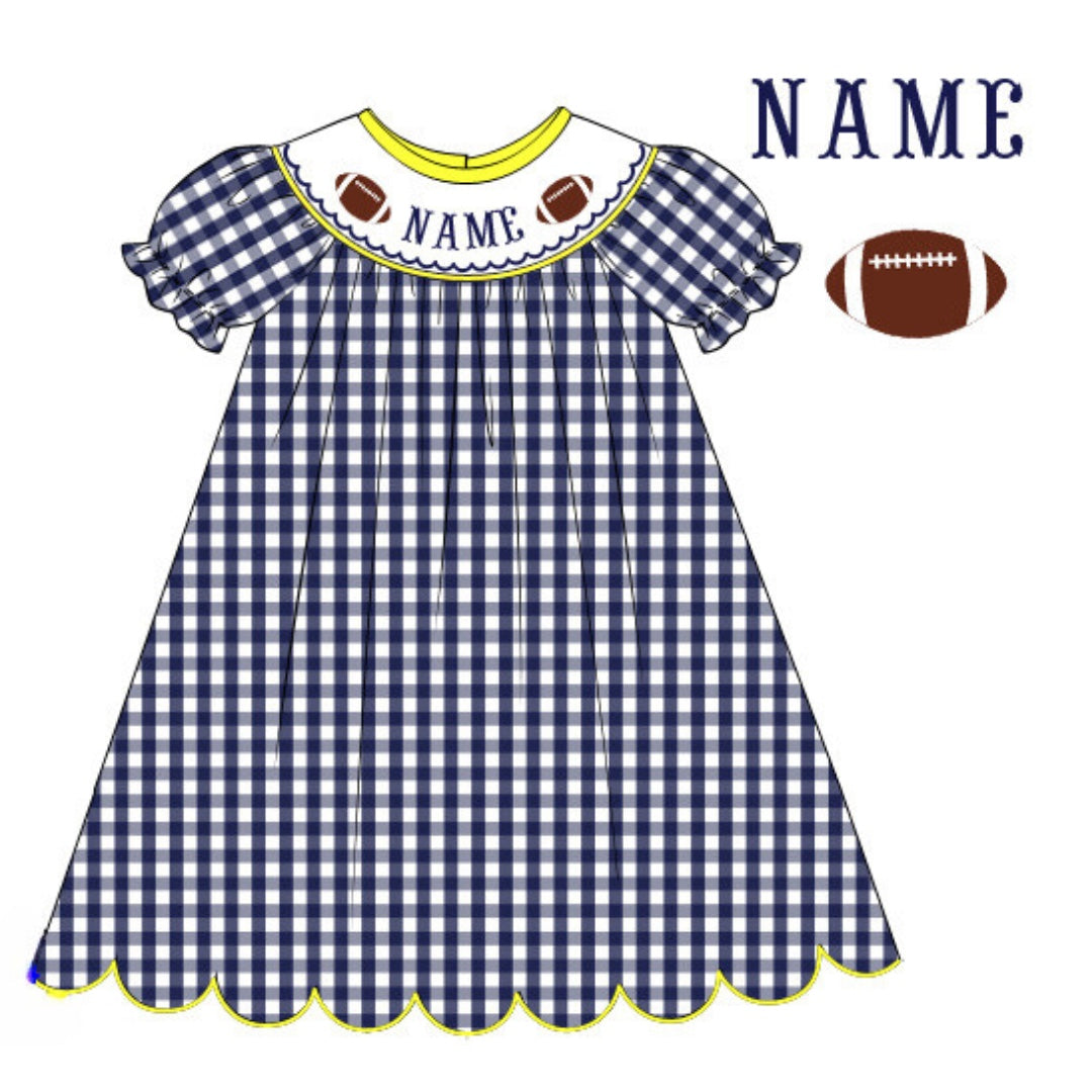 Pre-Order Navy Blue & Yellow Custom Hand Smocked Game Day Dress (Football & Baseball)