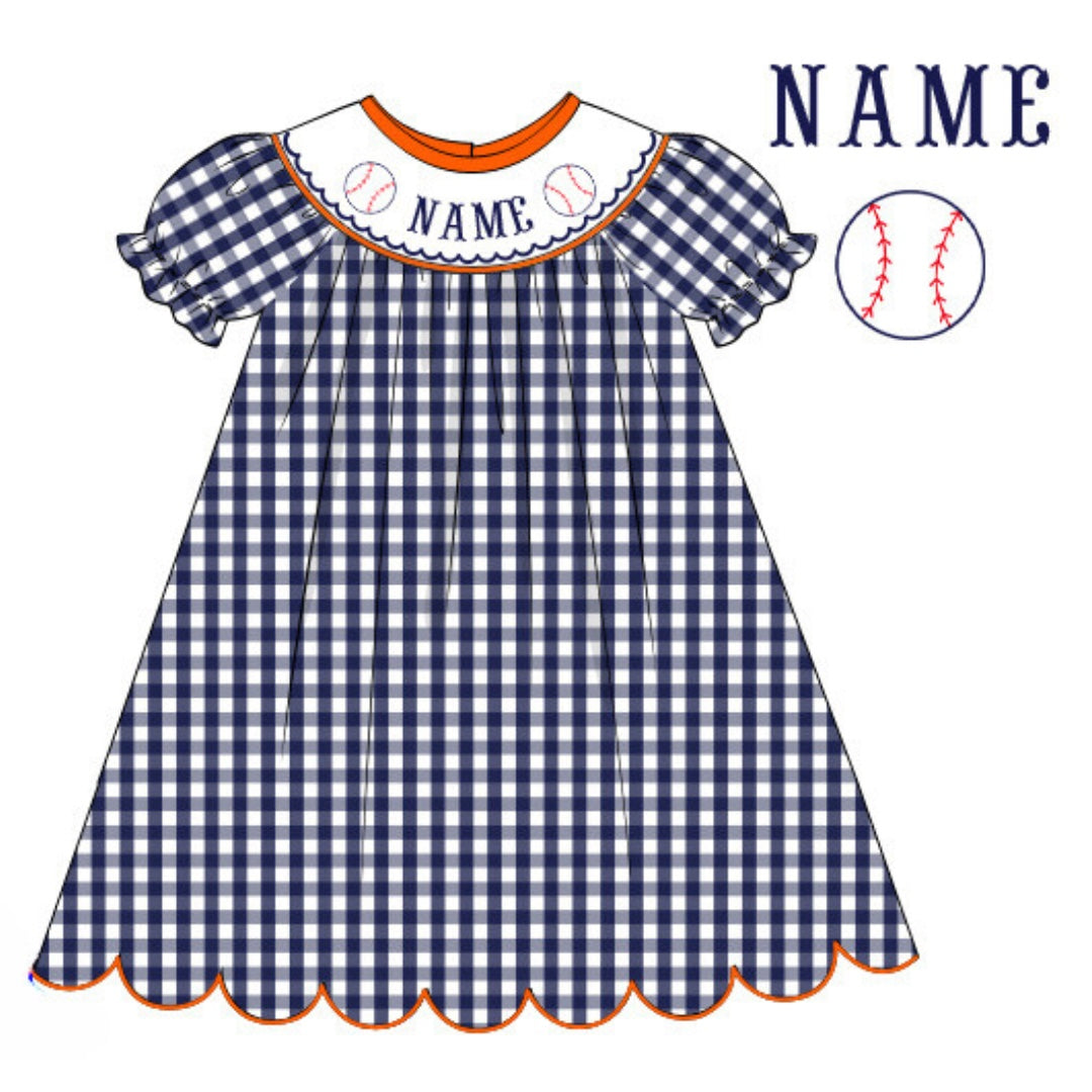 Pre-Order Navy Blue & Orange Custom Hand Smocked Game Day Dress (Football & Baseball)