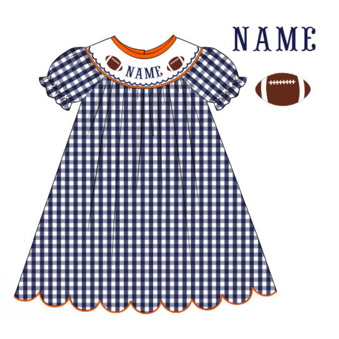 Pre-Order Navy Blue & Orange Custom Hand Smocked Game Day Dress (Football & Baseball)