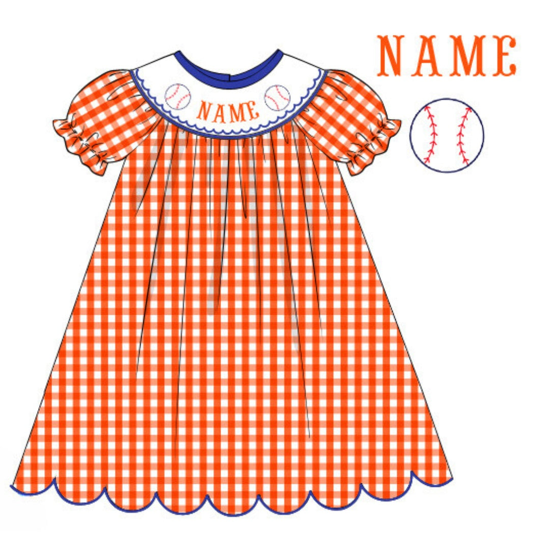 Pre-Order Orange and Blue Custom Hand Smocked Game Day Dress (Football & Baseball)