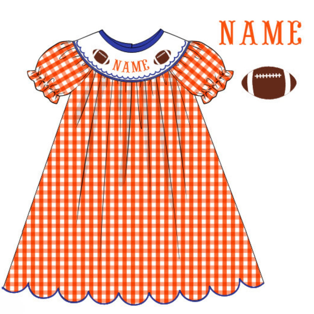 Pre-Order Orange and Blue Custom Hand Smocked Game Day Dress (Football & Baseball)