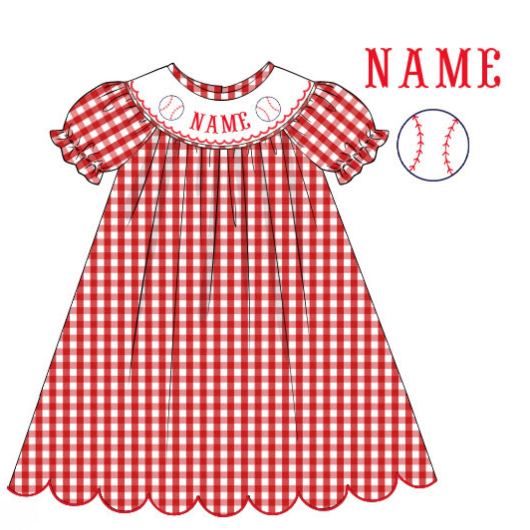 Pre-Order Red & White Custom Hand Smocked Game Day Dress (Football & Baseball)
