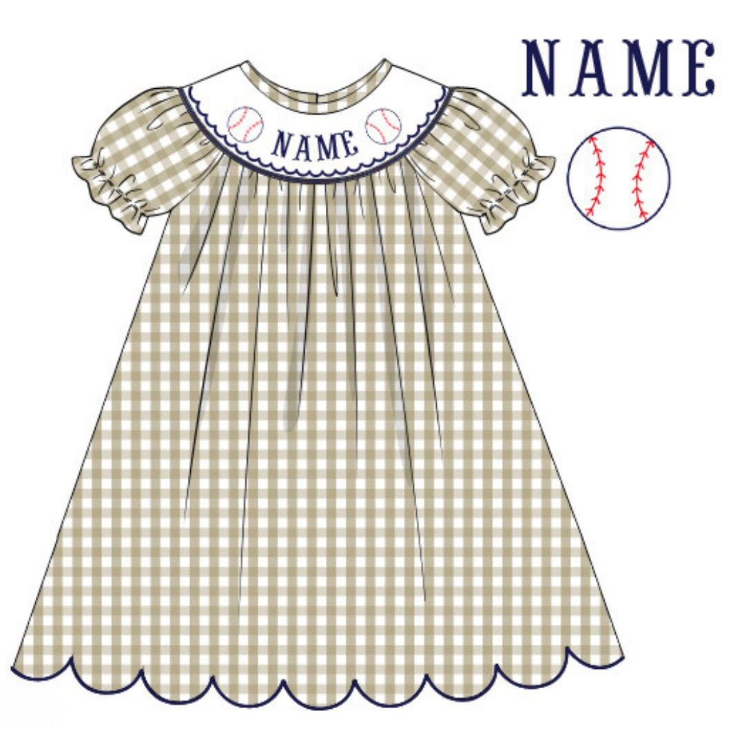 Pre-Order Tan & Navy Blue Custom Hand Smocked Game Day Dress (Football & Baseball)
