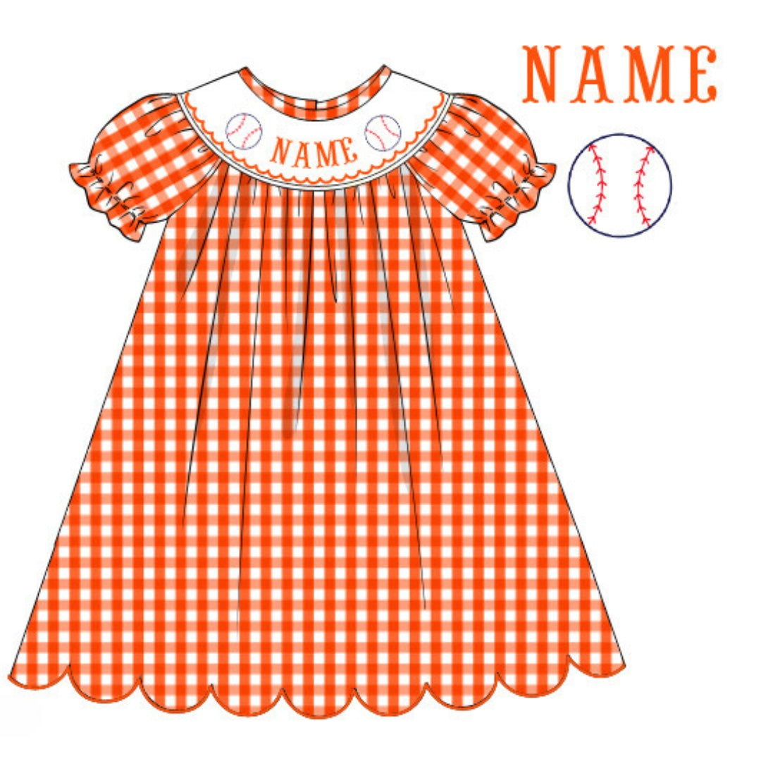 Pre-Order Orange & White Custom Hand Smocked Game Day Dress (Football & Baseball)