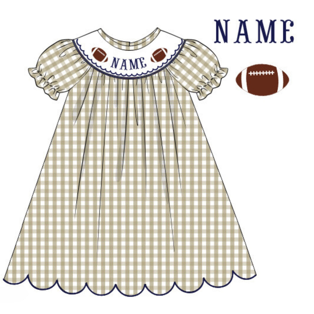 Pre-Order Tan & Navy Blue Custom Hand Smocked Game Day Dress (Football & Baseball)