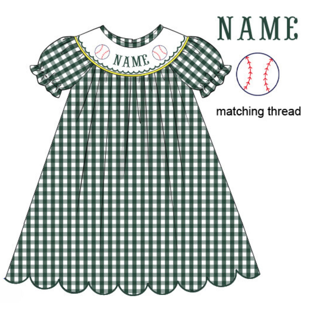 Pre-Order Green & Yellow Custom Hand Smocked Dress (Football & Baseball)