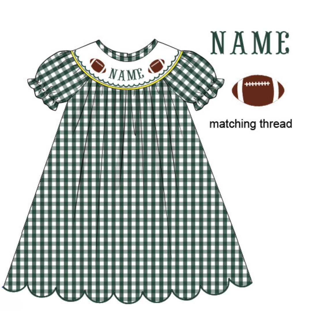 Pre-Order Green & Yellow Custom Hand Smocked Dress (Football & Baseball)