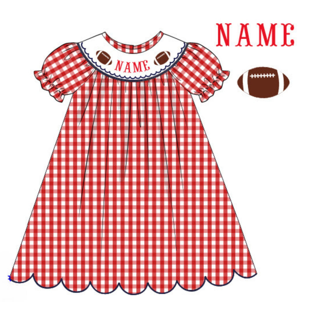 Pre-Order Red & Navy Blue Custom Hand Smocked Game Day Dress (Football & Baseball)