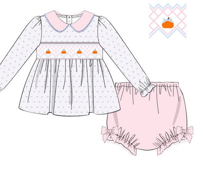 Hand Smocked Pumpkins Swiss Dot Bloomer Set
