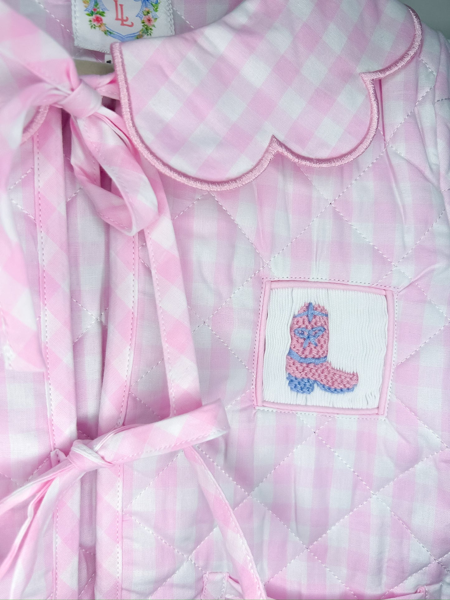 Hand Smocked Pink Gingham Boots and Bows Quilted Jacket