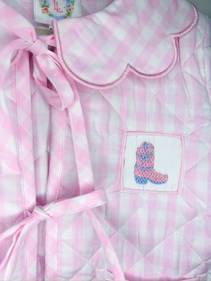 Hand Smocked Pink Gingham Boots and Bows Quilted Jacket