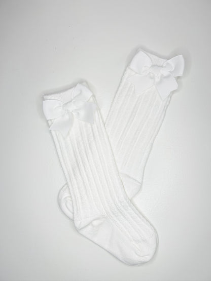 Cotton Knee Socks with Bows (White)
