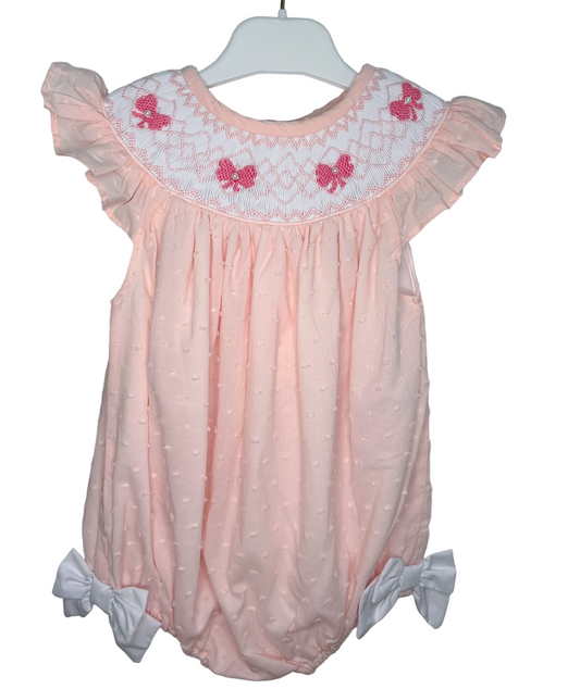 Hand Smocked Swiss Dot Bow Pearl Bubble