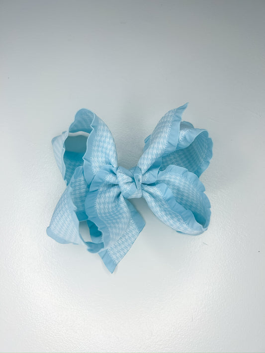 Double Ruffle Houndstooth Bow on Alligator Clip (4.5”, Light Blue)