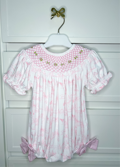 Hand Smocked Pink Farm Toile Bubble