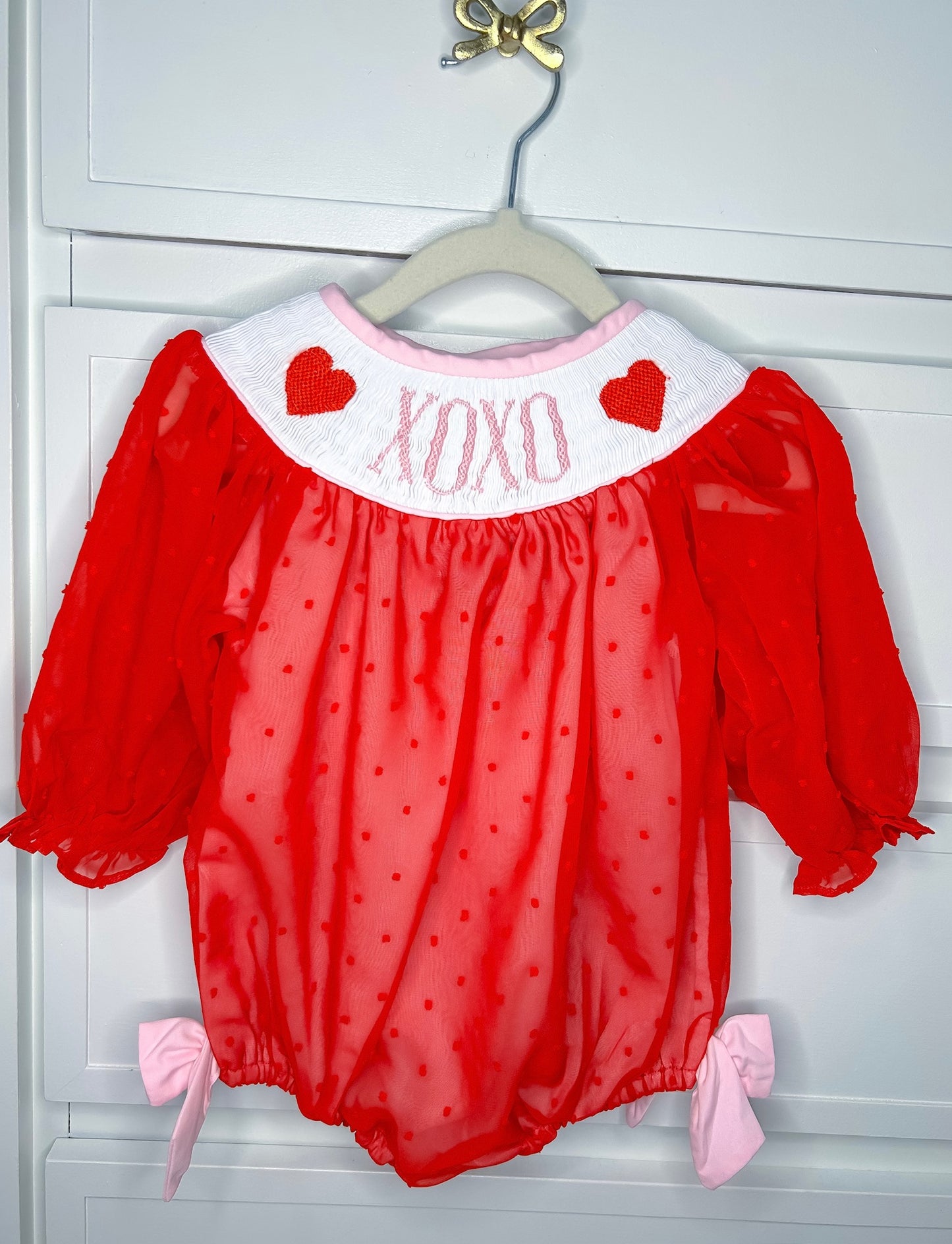 XOXO Hand Smocked Red Swiss Dot Bubble