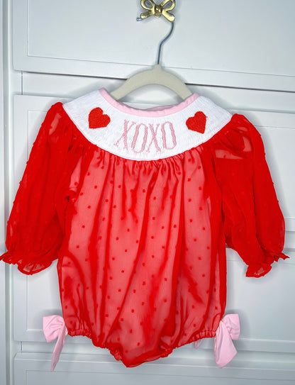 XOXO Hand Smocked Red Swiss Dot Bubble