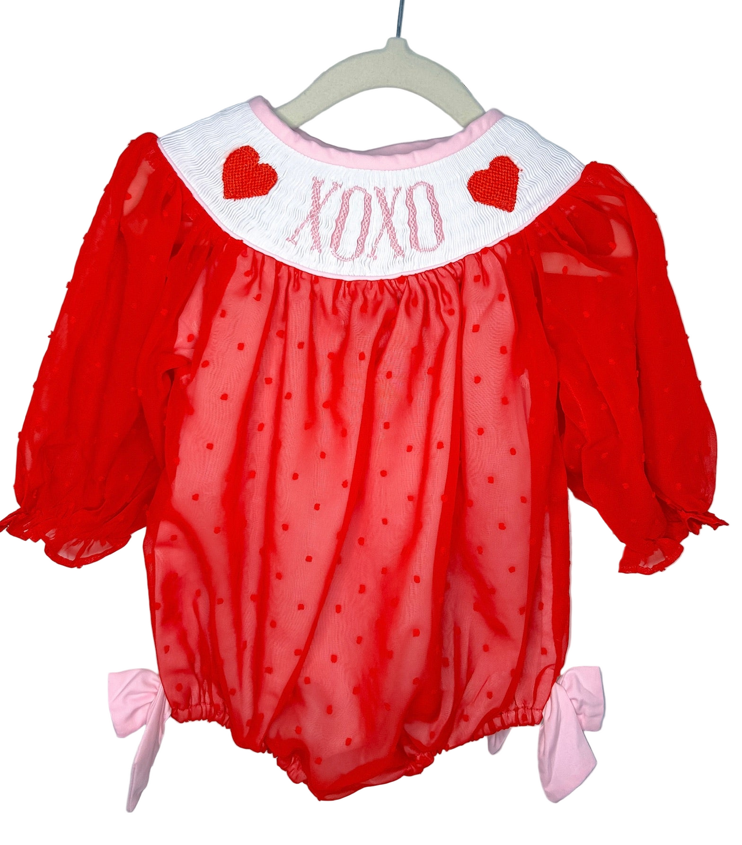 XOXO Hand Smocked Red Swiss Dot Bubble