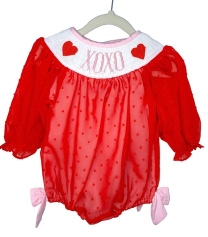 XOXO Hand Smocked Red Swiss Dot Bubble