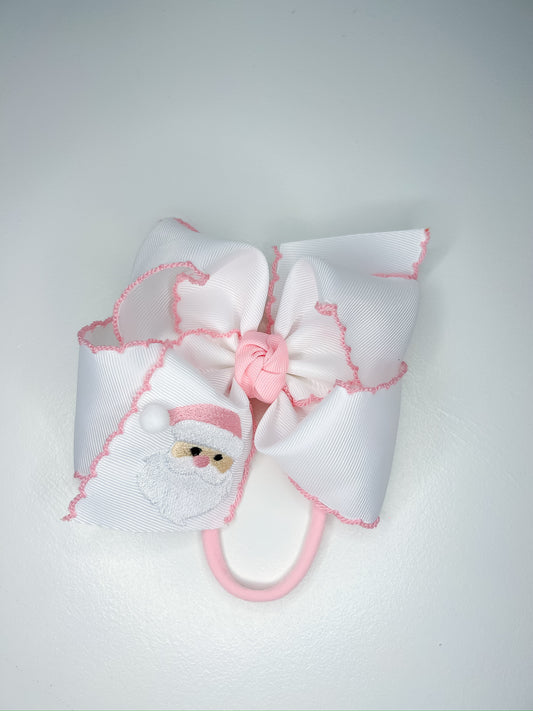 5.5” Pink Santa Crochet Edge Bow on Pantyhose Headband