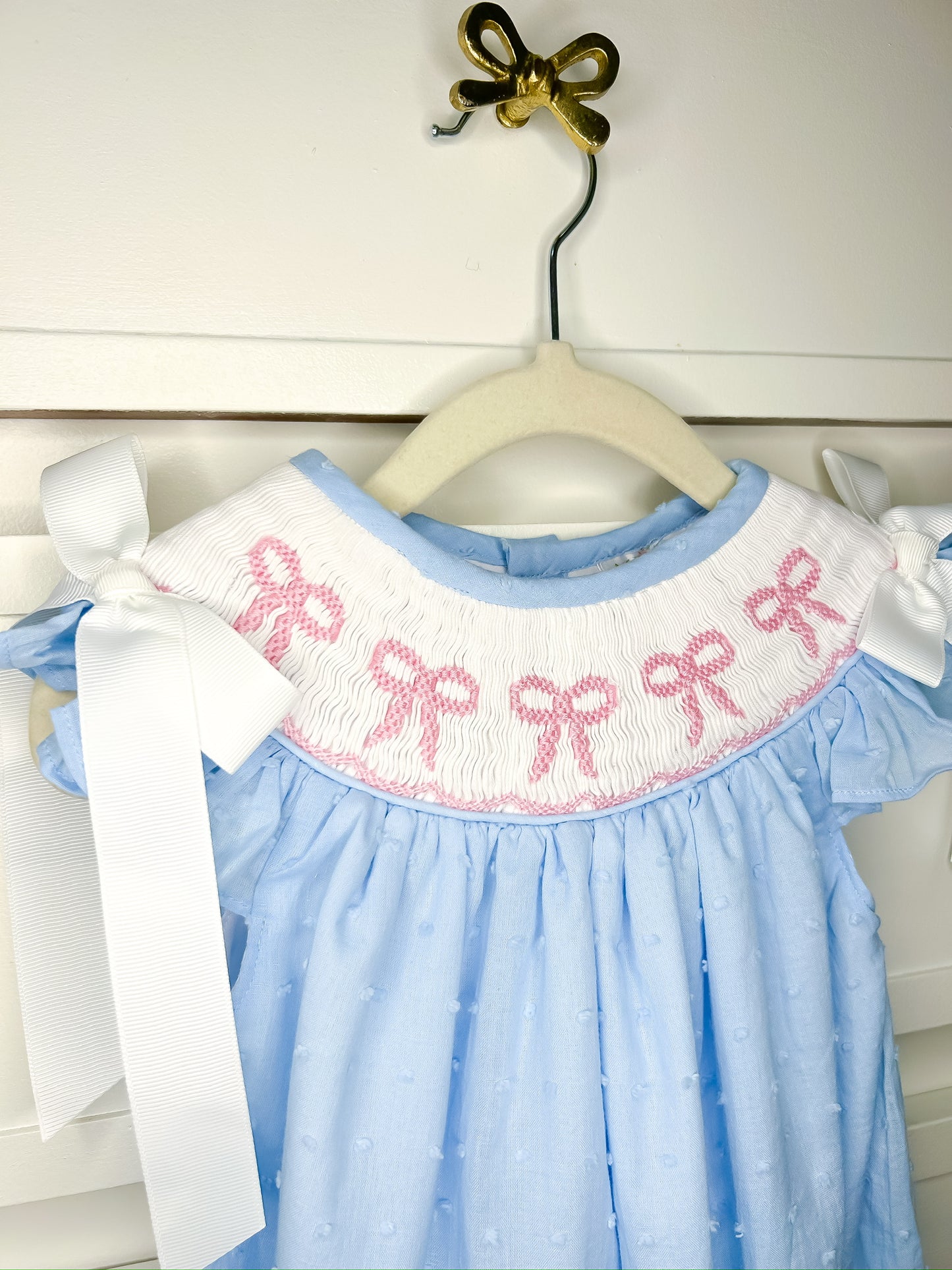 Hand Smocked Pink Bow Swiss Dot Bubble