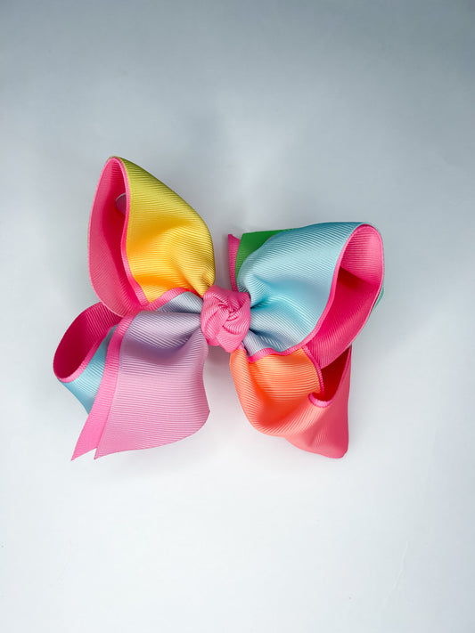 5.5” Layered Hot Pink & Rainbow Bow on Alligator Clip