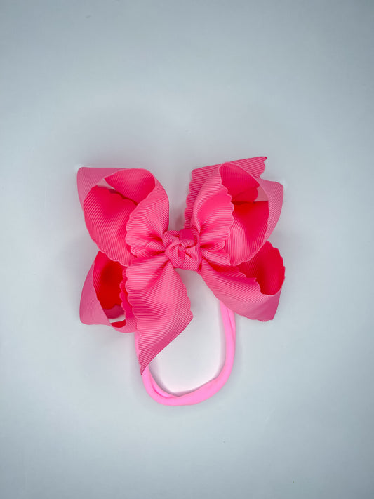 5.5” Hot Pink Scalloped Edge Bow on Pantyhose Headband