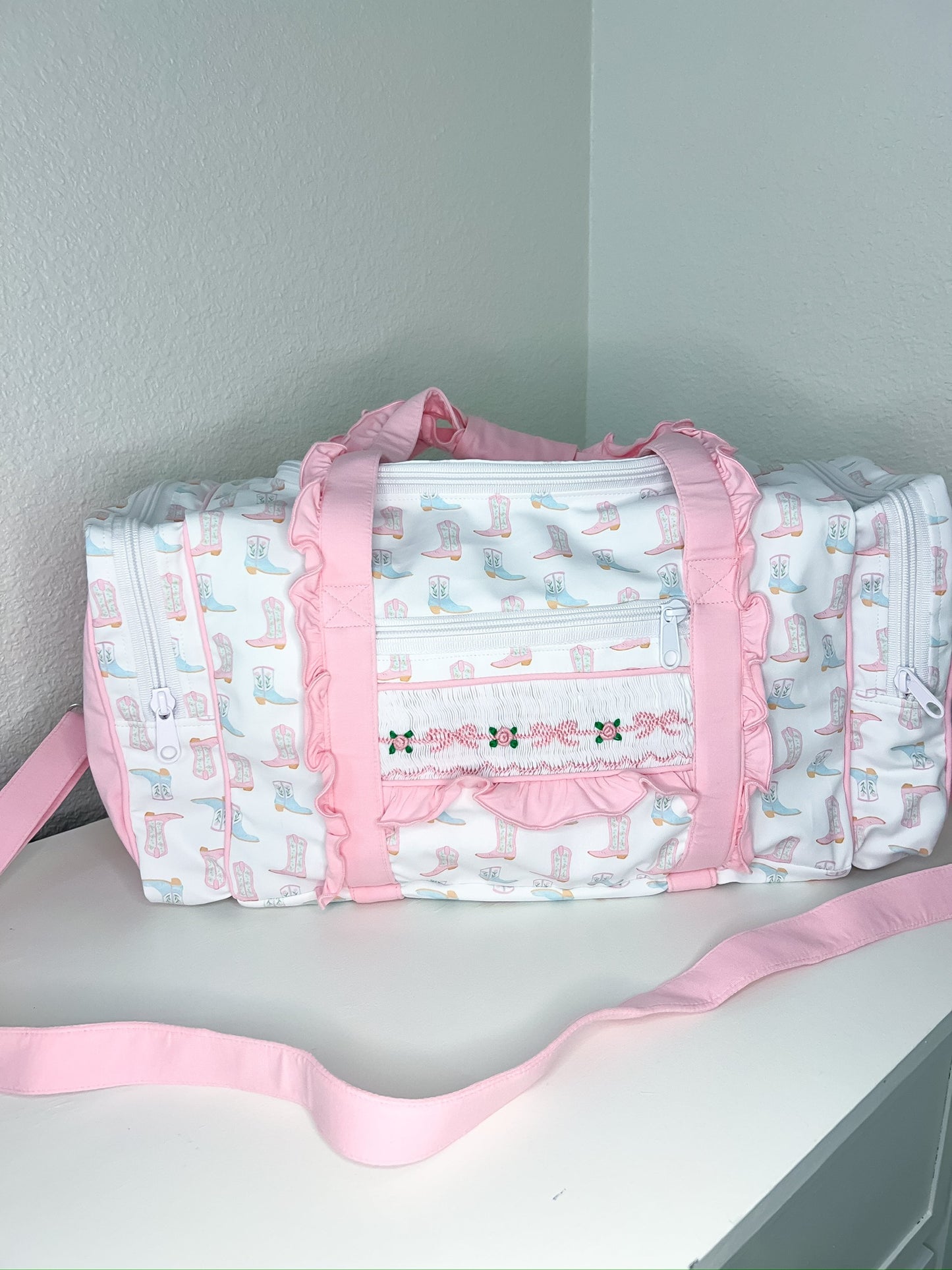 Signature Boot Print Hand Smocked Duffel