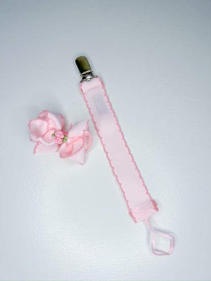 Crochet Edge Pacifier Clip with Flower Embellished Bow