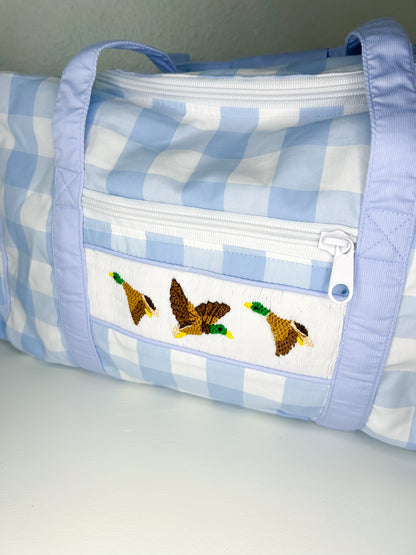 Blue Gingham Hand Smocked Mallard Duck Duffel
