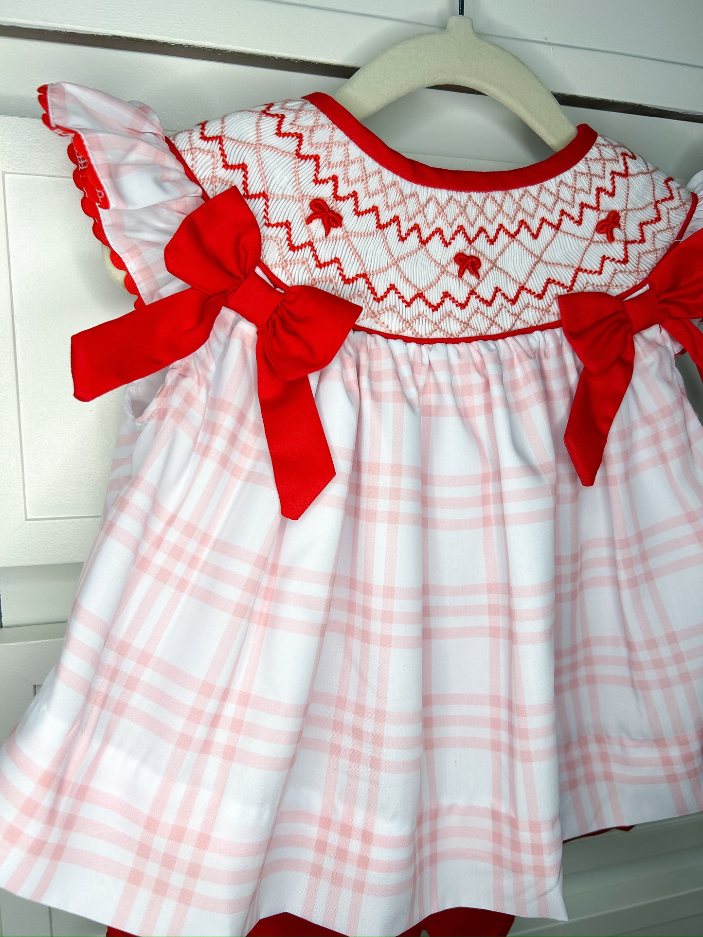 Pink & Red Hand Smocked Bow Short Set