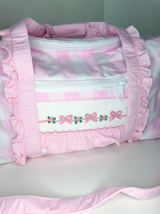 Pink Gingham Hand Smocked Bow Duffel