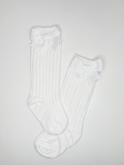 Cotton Knee Socks with Bows (White)
