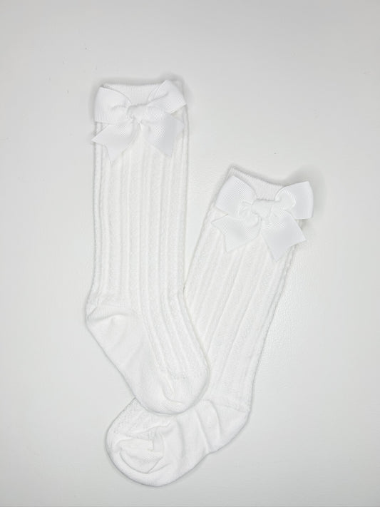 Cotton Knee Socks with Bows (White)