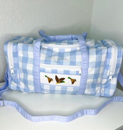 Blue Gingham Hand Smocked Mallard Duck Duffel