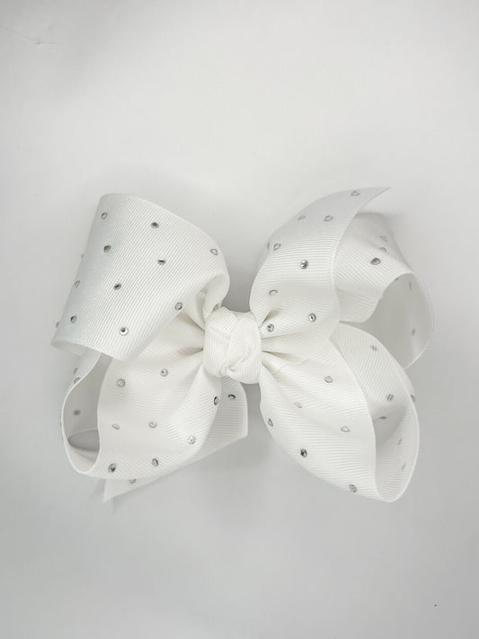White Rhinestone Grosgrain 5.5in Bow on Clip
