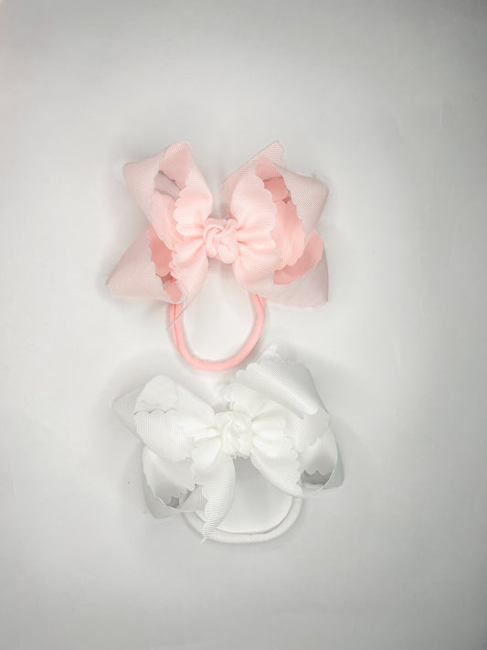 4.5” Scalloped Edge Bow with Pantyhose Headband (White & Pink)
