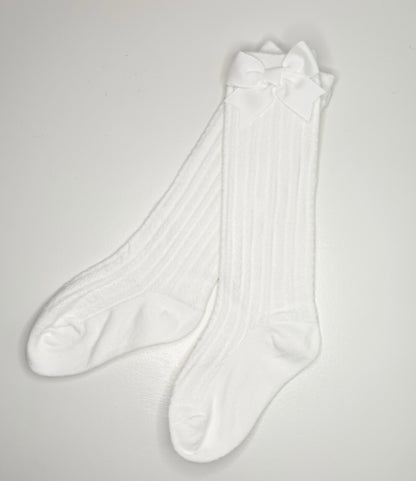 Cotton Knee Socks with Bows (White)