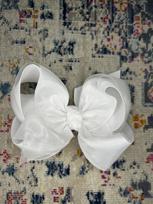 Layered Organza/Grosgrain Bow On Clip (White) 5.5”