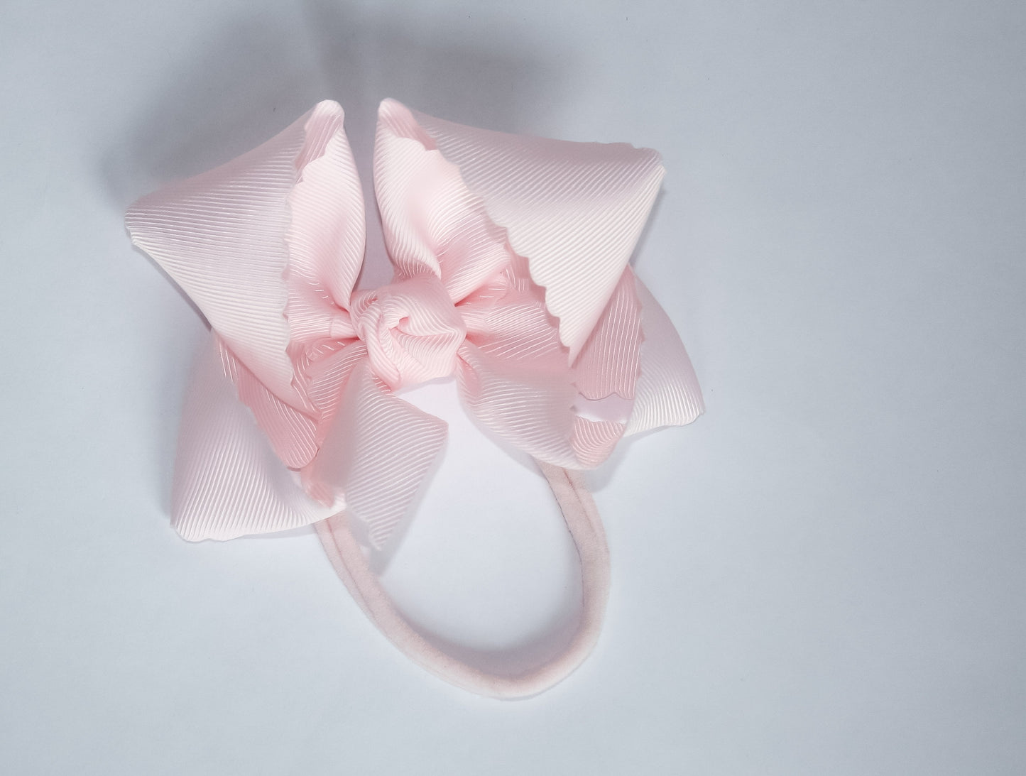 Pantyhose Headband with Scalloped Edge Bow- 4.5" Large (Pink and White)