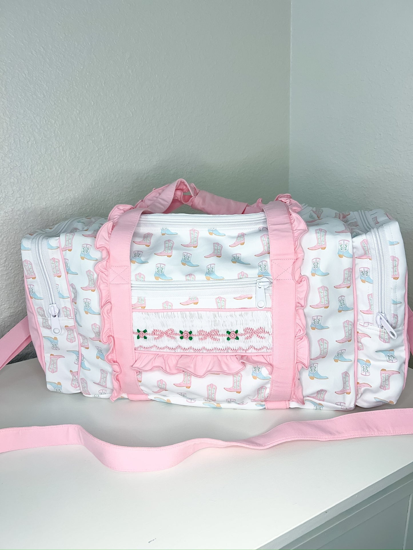 Signature Boot Print Hand Smocked Duffel