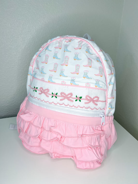 Boots & Bliss Pink Ruffle Hand Smocked Backpack