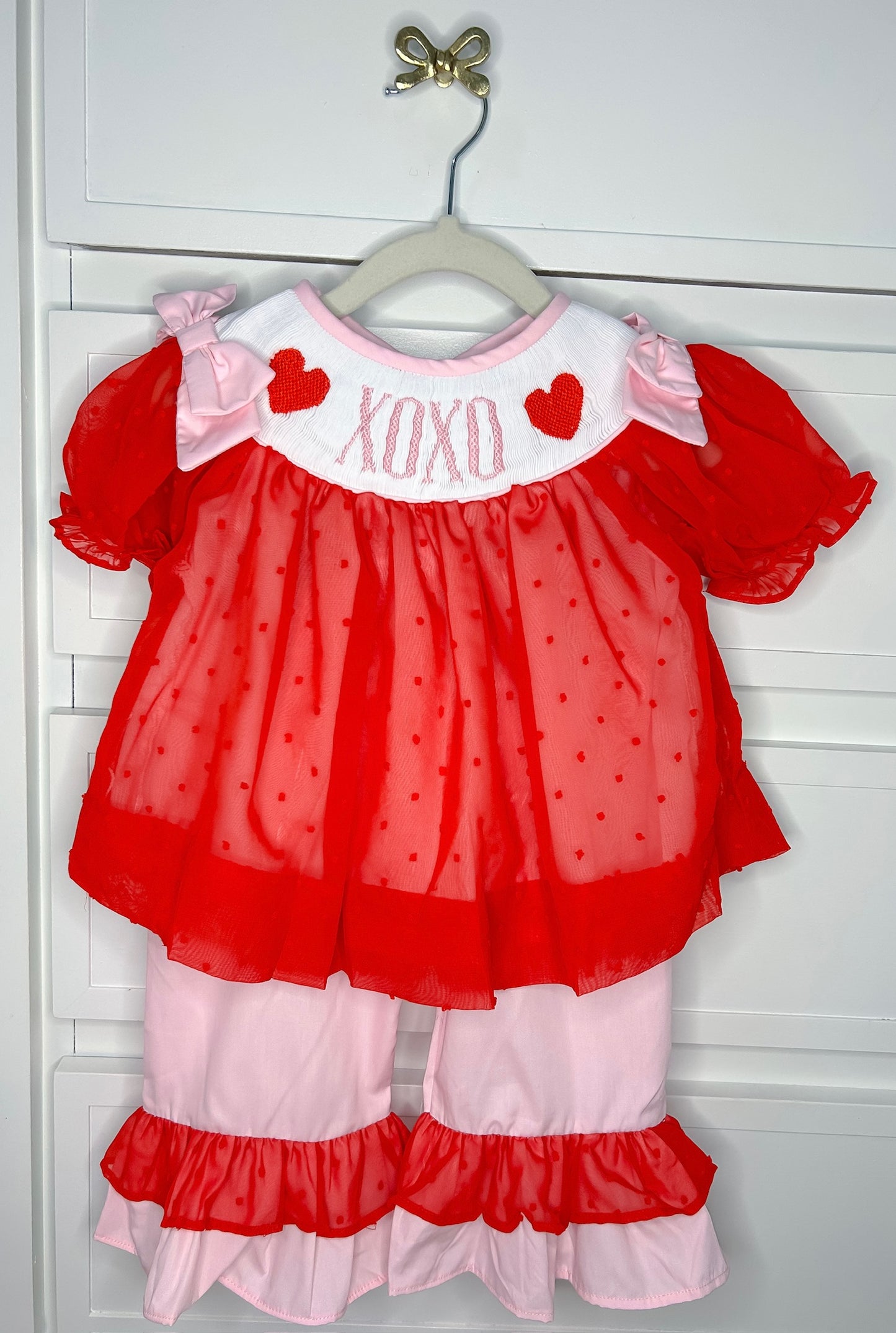 XOXO Hand Smocked Red Swiss Dot Pant Set