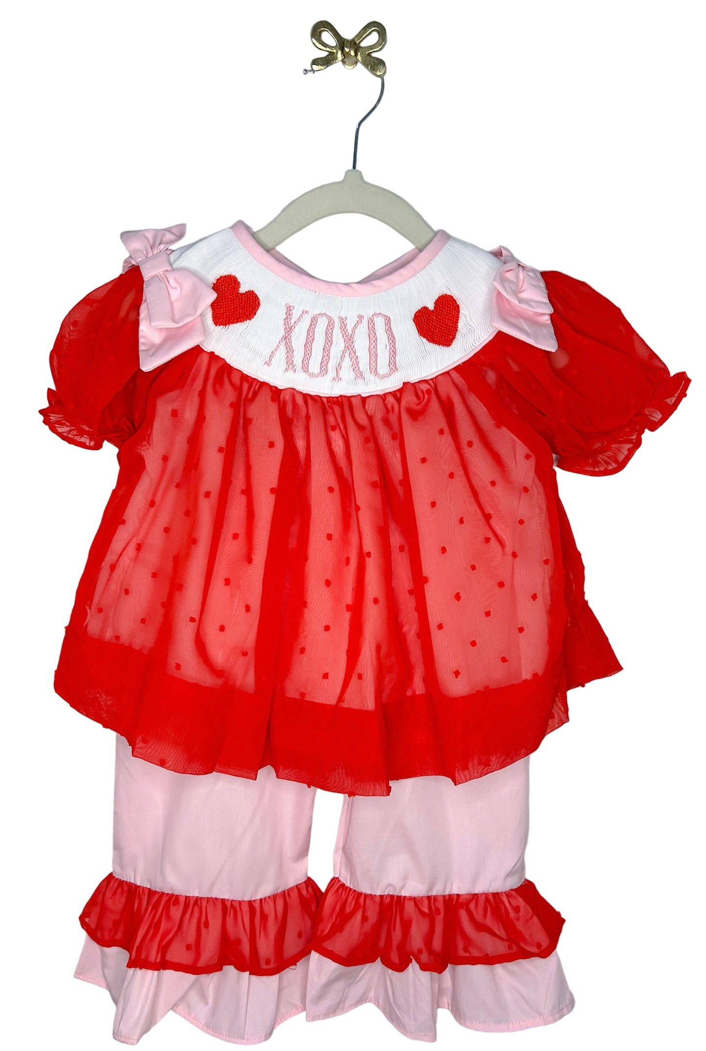 XOXO Hand Smocked Red Swiss Dot Pant Set