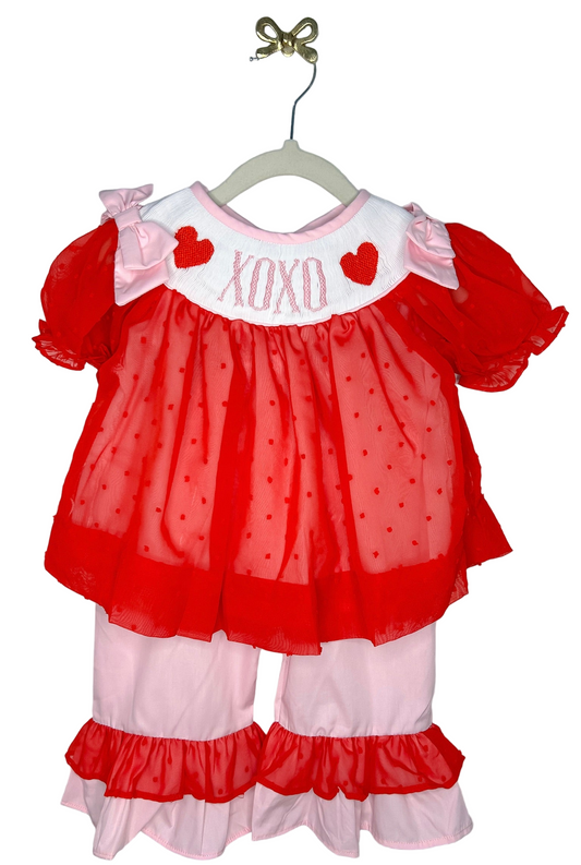 XOXO Hand Smocked Red Swiss Dot Pant Set