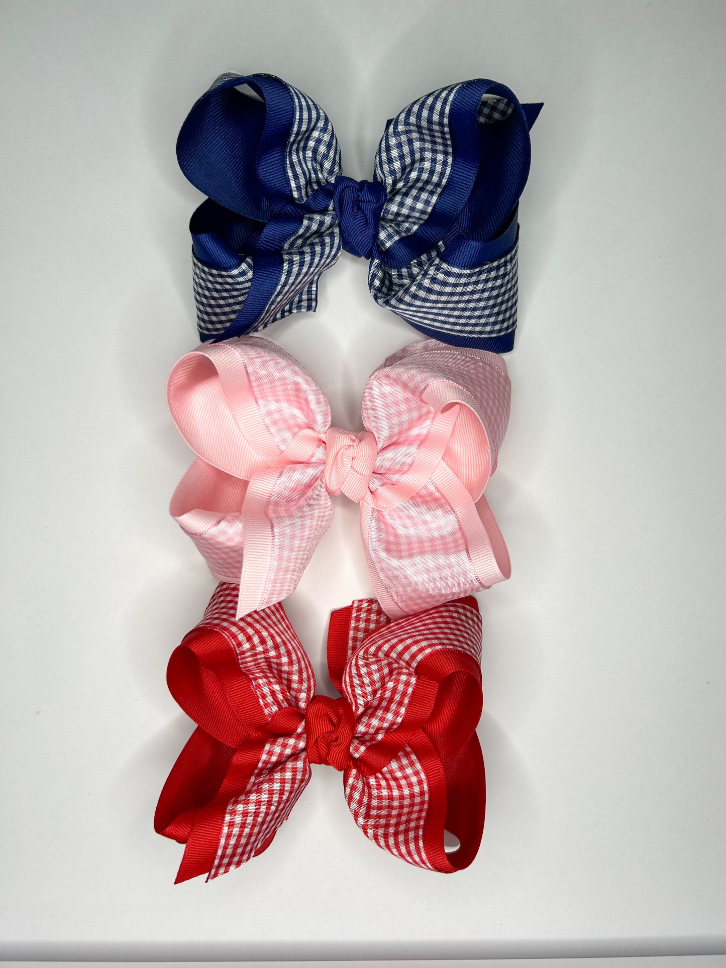 Layered Gingham/Grosgrain Bow On Clip 5.5” (3 colors)