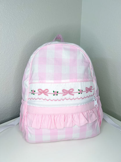 Pink Gingham Ruffle Hand Smocked Backpack